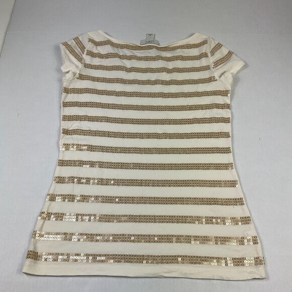 LOFT Sequin T-Shirt Ivory Gold Striped Short Sleeve Boat Neck Top Stretch Tee XS - Picture 10 of 11